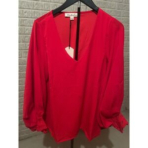 Vine & Love Red V-Neck Blouse Long‎ Sleeve Lace Cuff Lightweight Top